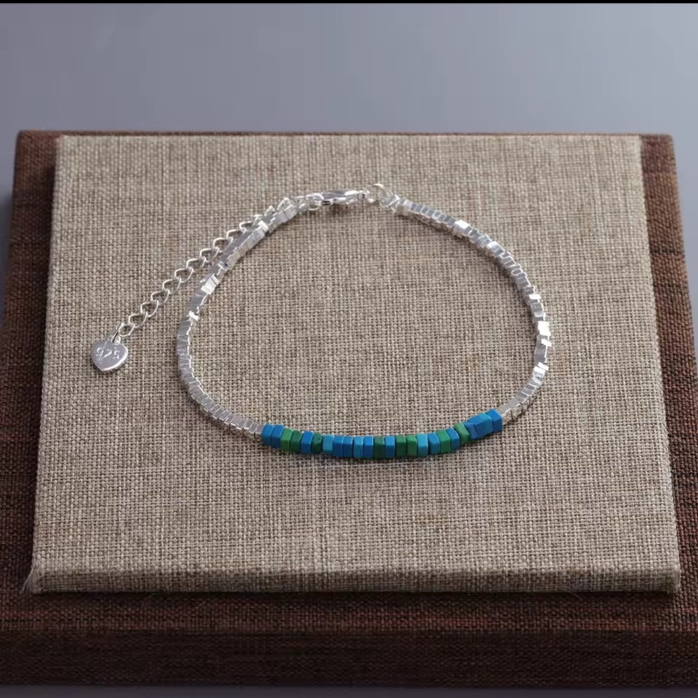 925 Sterling Silver Beaded bracelet, Blue Green Minimalist Bracelet. - Picture 5 of 7